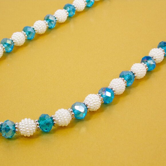 Blue glass and white round bead necklace an earring set with silver spacer beads - Picture 10 of 15